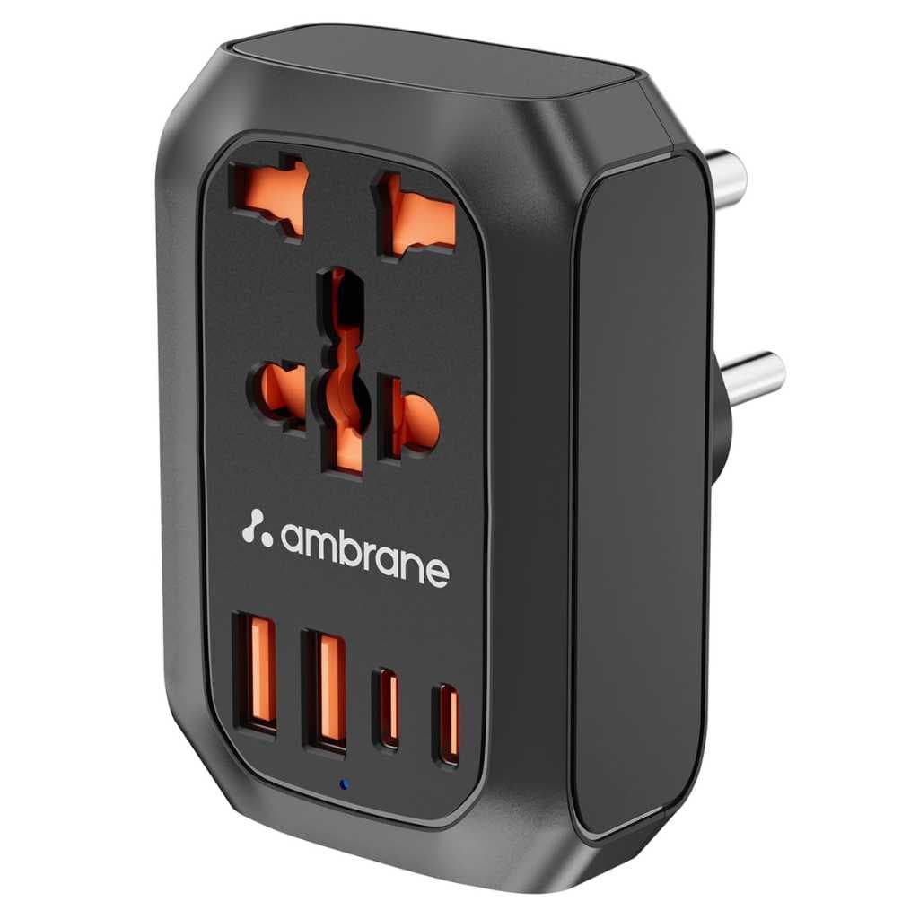 Ambrane Charge X20 5-in-1 MultiPort Adapter with Universal AC Socket (Black)