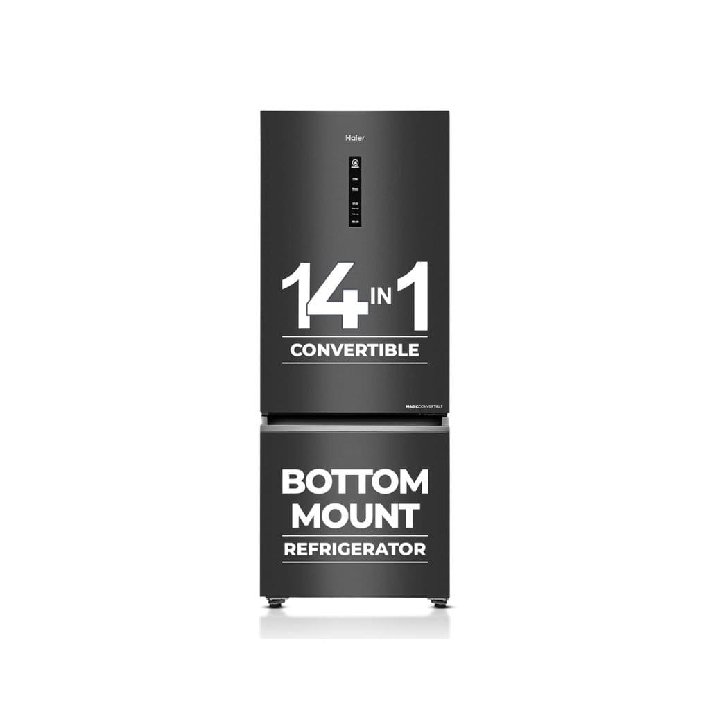 Haier 325 L 3 Star Frost Free Bottom Mount Double Door Refrigerator (HEB-333GB-P, Graphite Black, Brushline Silver)