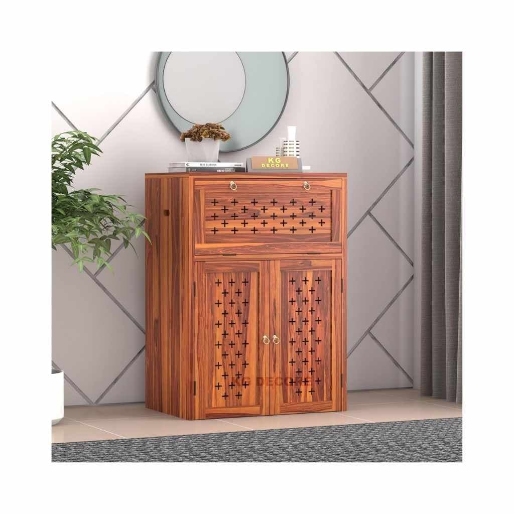 Solid Sheesham Wood Inverter Battery Cabinet with Cross Pattern Design