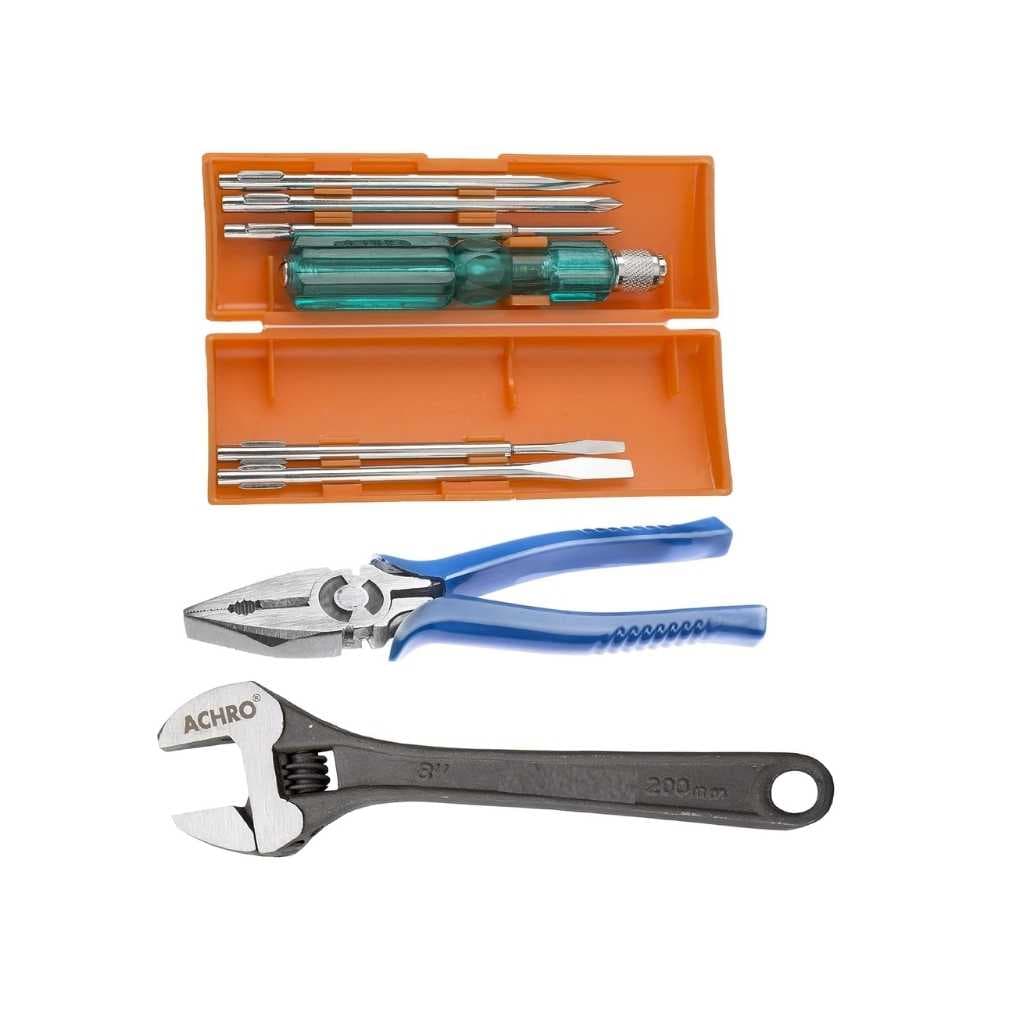 ACHRO 908 Universal Tool Kit Set with Screwdriver, Plier & Adjustable Spanner