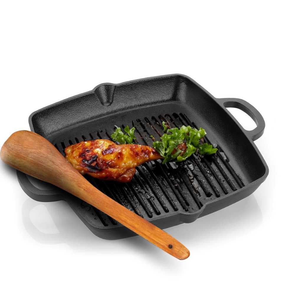 Lifelong Cast Iron Grill Pan 260mm with Wooden Spatula