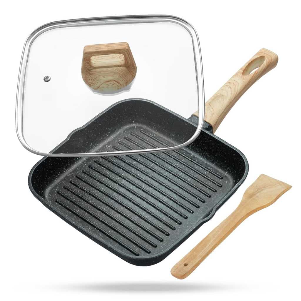 Lifelong Diecast Aluminium Square Grill Pan 25cm with Wooden Spatula & Glass Lid