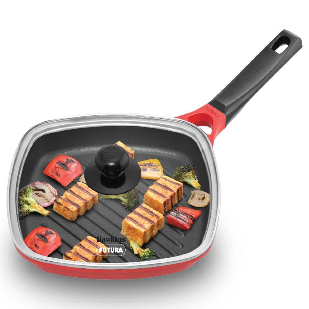Hawkins 26 cm Non-Stick Die Cast Grill Pan with Glass Lid, Red (IGP26G)
