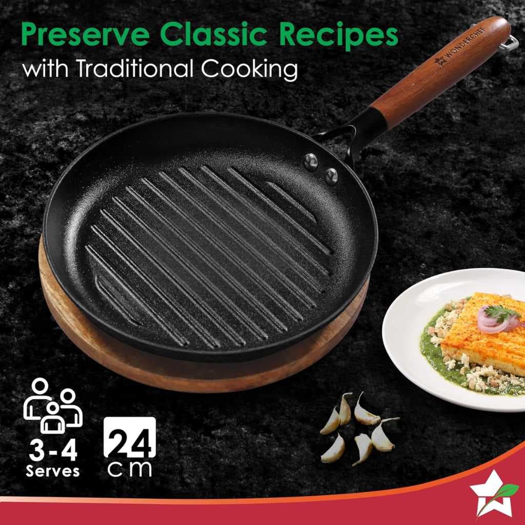 Wonderchef Pre-Seasoned Ferro Light Grill Pan 24cm with Acacia Wooden Handles