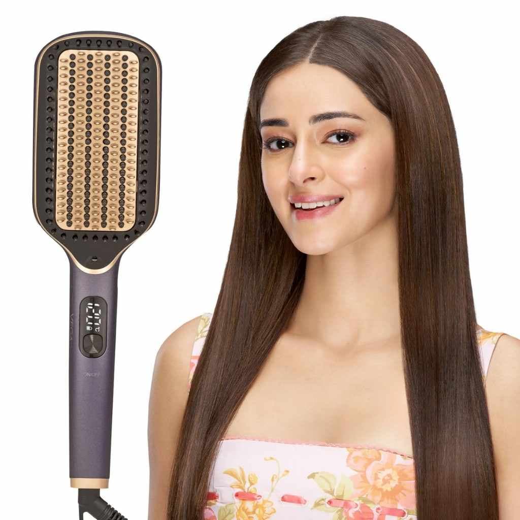 VEGA Hair Straightener Brush With Up To 12 Hrs Straightening Effect, Triple Care & Thermoprotect Technology, Frizz Free Hair In Few Mins, Hot Brush With 5 Temperature Settings (Litstyle L1, VHSB-06), Purple