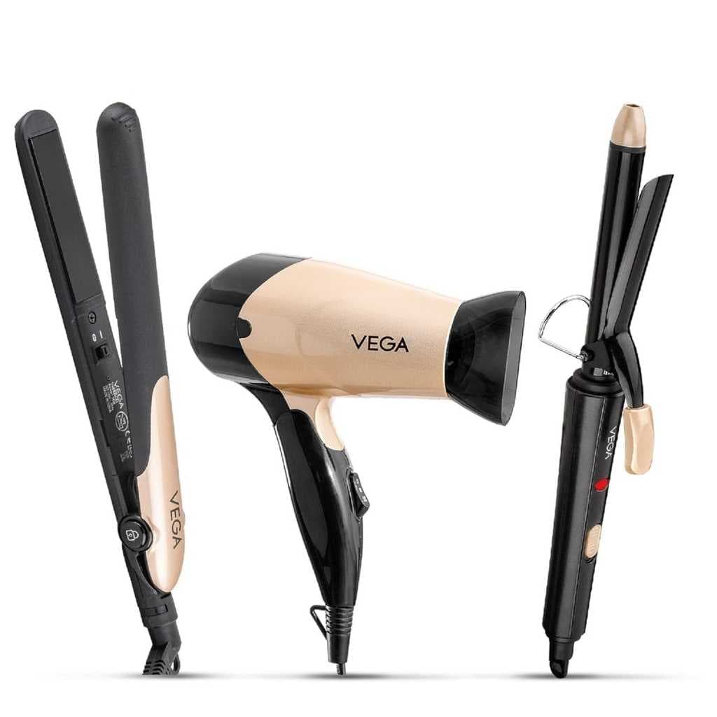 VEGA Miss Versatile Styling Set Straightener, Curler & Dryer Gift Combo for Women (VHSS-03), Black