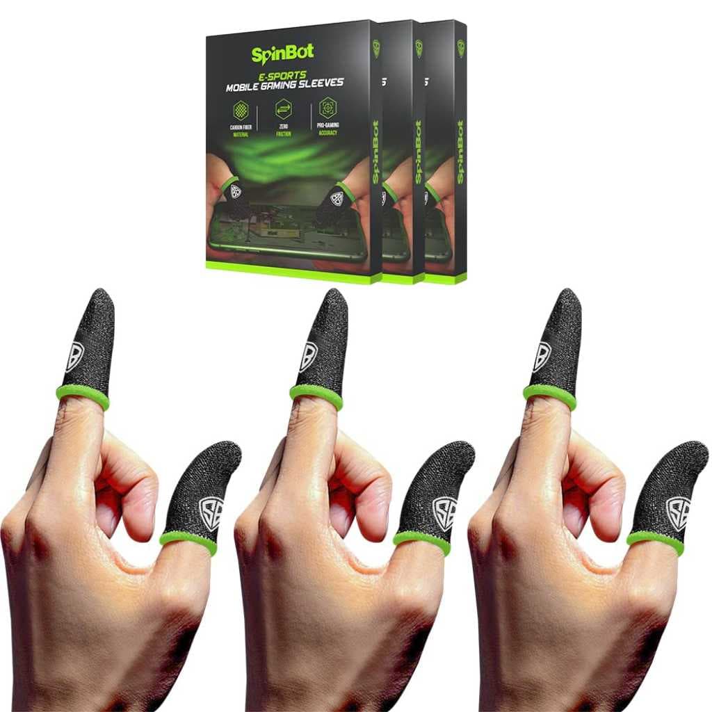 SpinBot Thumb & Finger Sleeve for Mobile Gaming (6 Pieces) with Metal Carry Box – Pack of 3 Pair (Black)