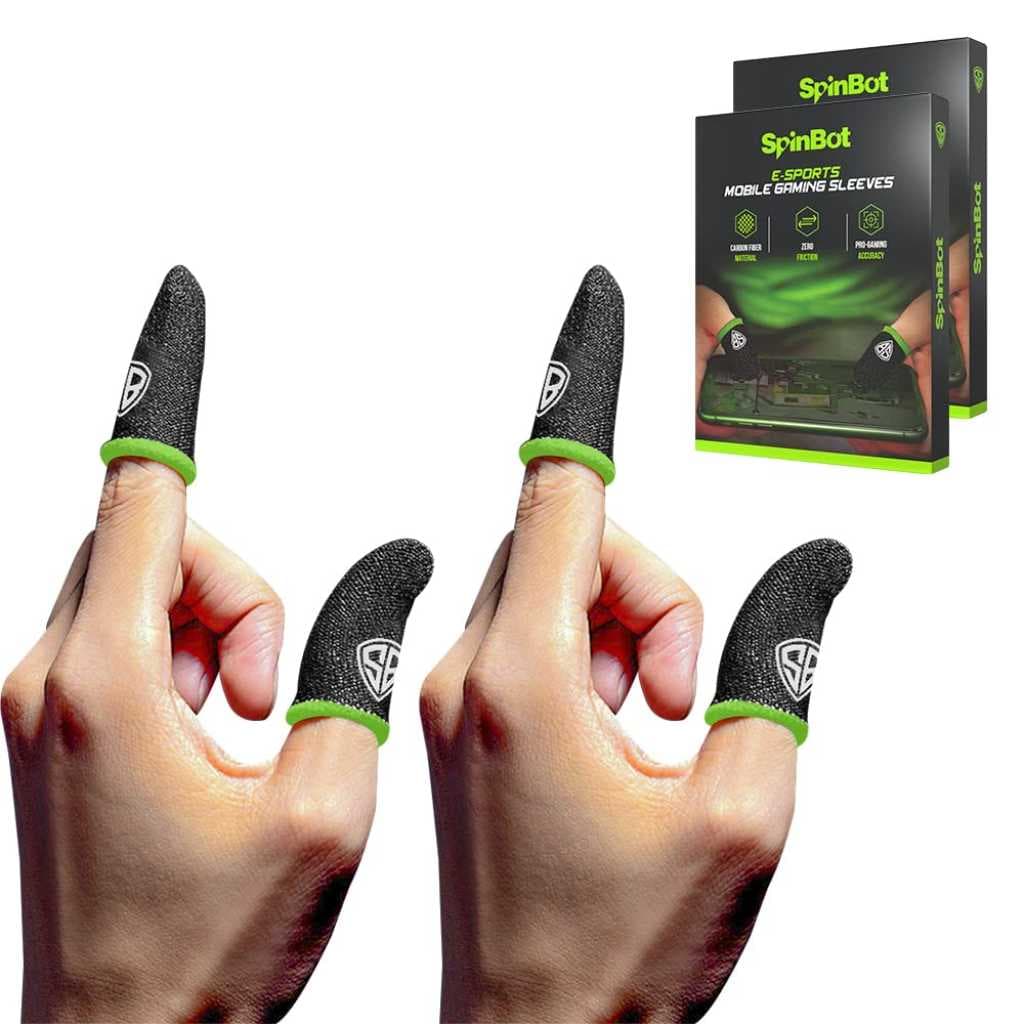 SpinBot Thumb & Finger Sleeve for Mobile Gaming (4 Pieces) with Metal Carry Box – Pack of 2 Pair (Black)