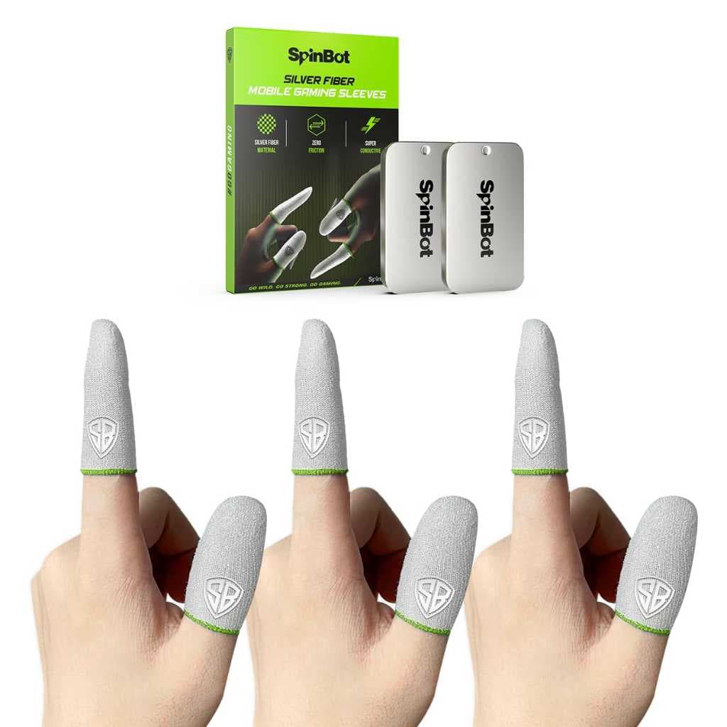 SpinBot Silver Fiber Thumb & Finger Sleeve for Mobile Gaming (6 Pieces) with Metal Carry Box – Pack of 3 Pair