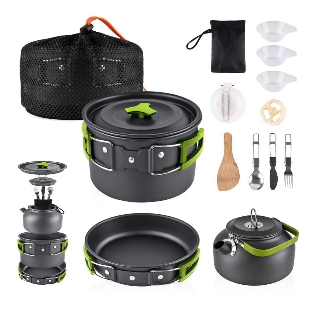 15-Piece Camping Cookware Mess Kit with Portable Gas Stove