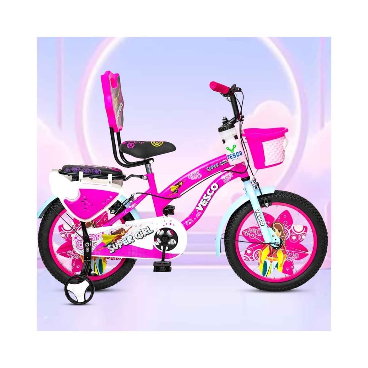 VESCO Super Girl 16T Cycle for Kids Girls with Balance Wheel & Back Carrier (Pink)