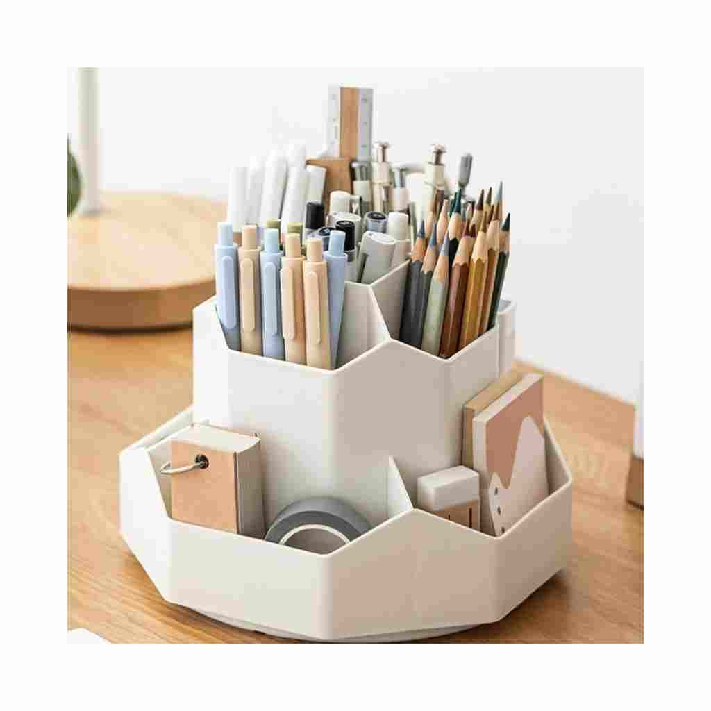 Pencil Pen Holder for Desk, 9 Slots 360° Rotating Desktop Organizer - White