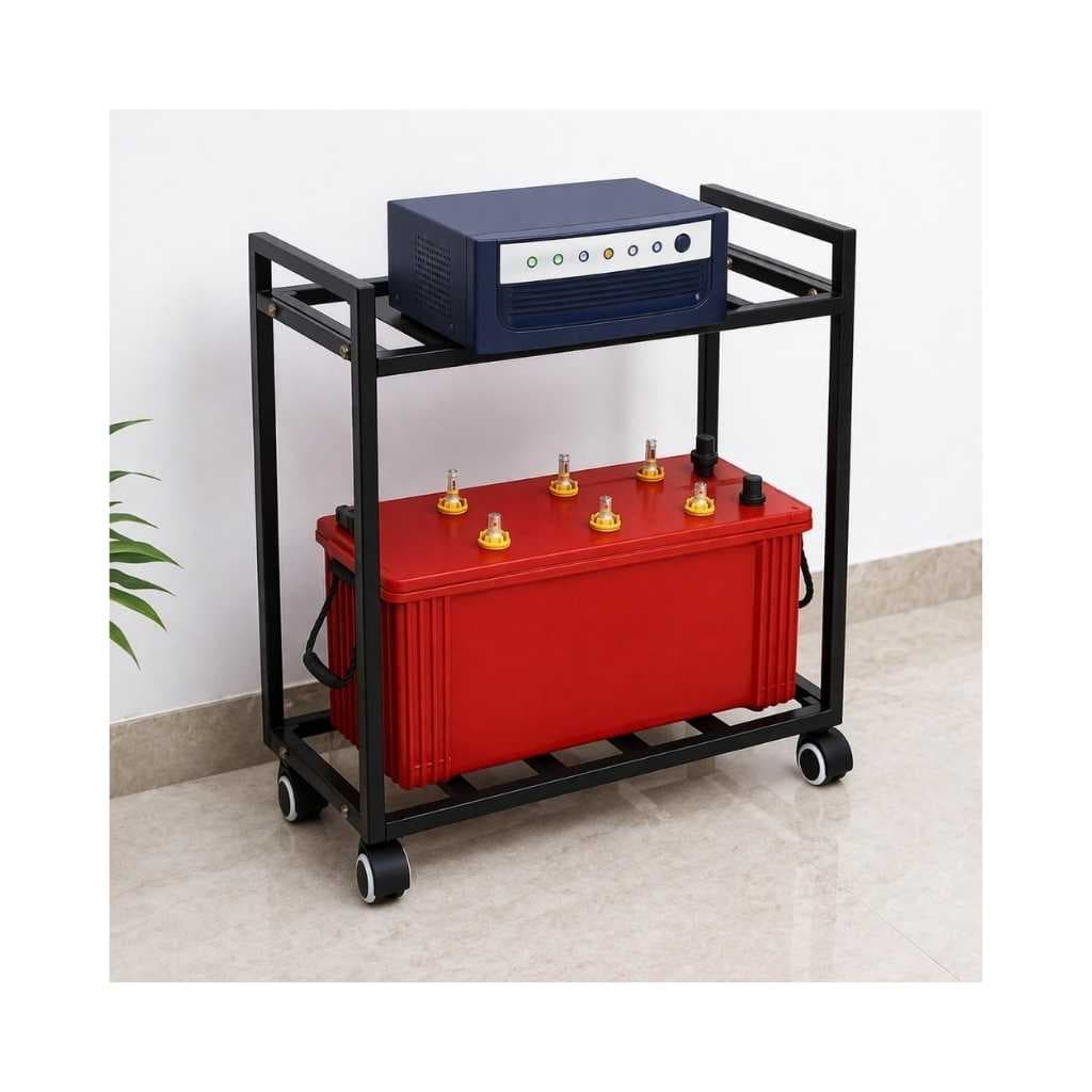 Niyara Heavy-Duty Metal Inverter Trolley Stand with Wheels – Black, Portable & Sturdy Dual-Shelf Battery Backup Stand for Garage or Workshop