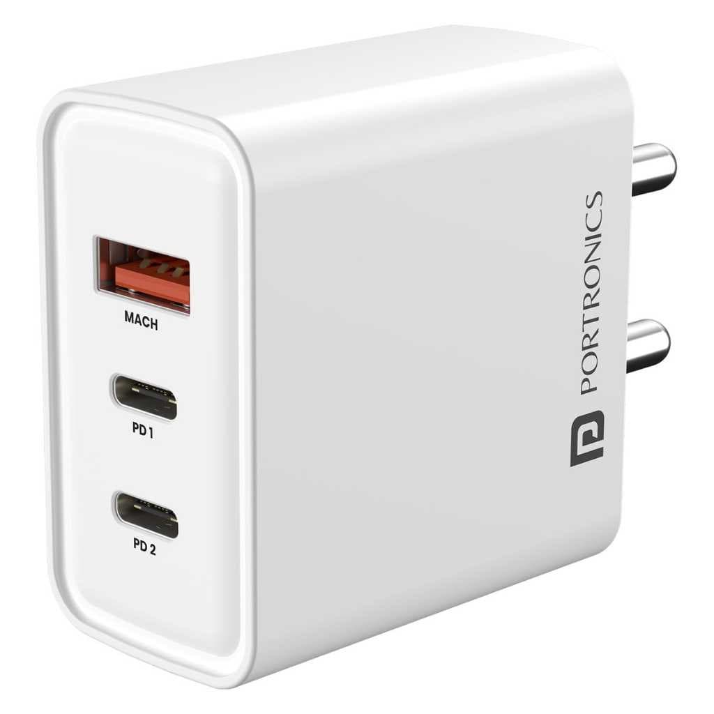 Portronics Adapto 65M 65W Triple Port Fast Charging Adapter (White)