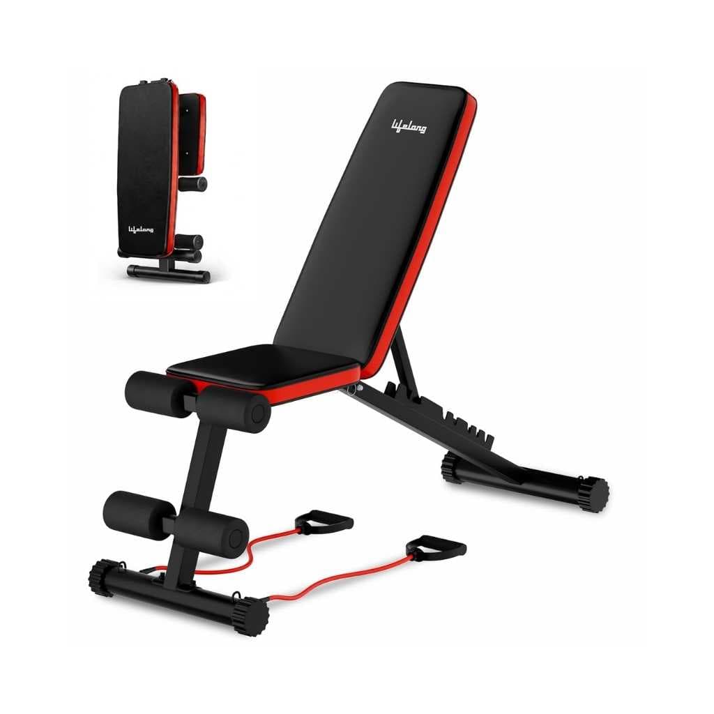 Lifelong Adjustable Gym Bench Foldable Incline Decline Flat Fitness Bench Press with Resistance Ropes
