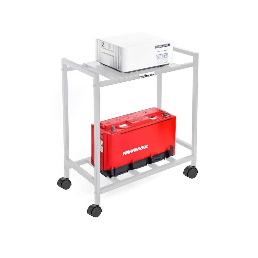 WINSTAR 2-Tier UPS Stand for Home and Office Metal Inverter Trolley with Wheels Battery Holder for Inverter with Shelf 2 Shelf (Single Battery Stand, White Color)