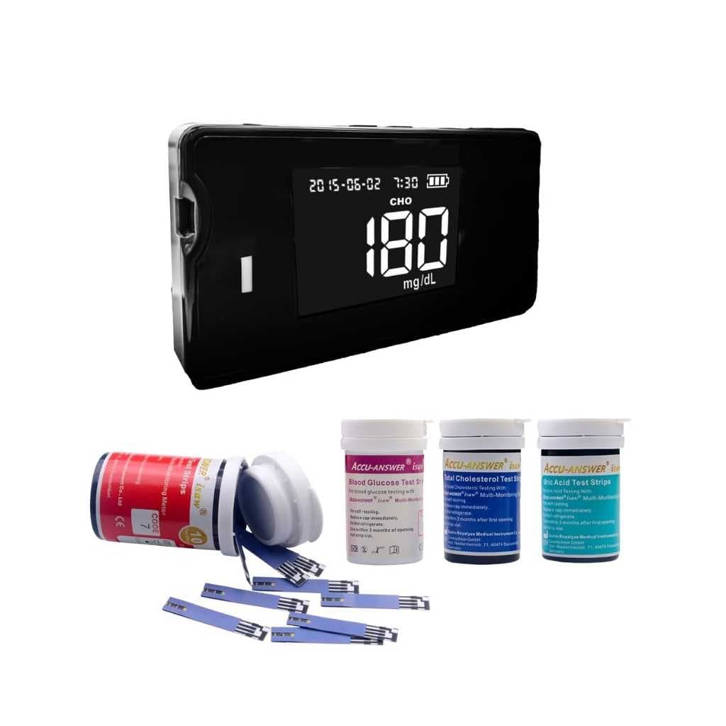 amiciCare 4 in 1 Health Monitoring Device, Cholesterol Hemoglobin Uric Acid and Blood Glucose Meter with 40 Lancets & 4 x 10 Test Strips