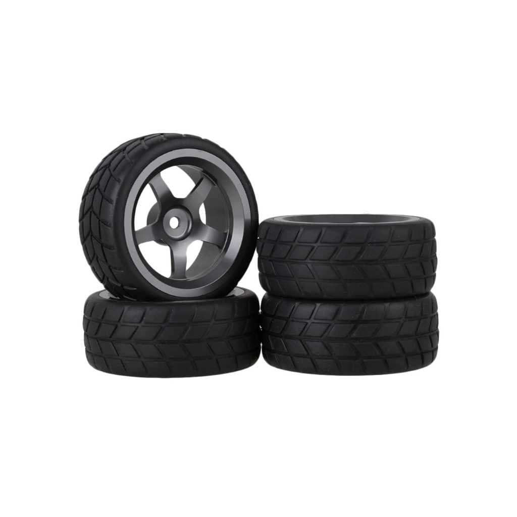 Mxfans Grey 5 Spoke Aluminium Alloy Wheel Rims & Black Square Pattern Rubber Tyres for 1:10 RC On-Road Racing Car (Set of 4)