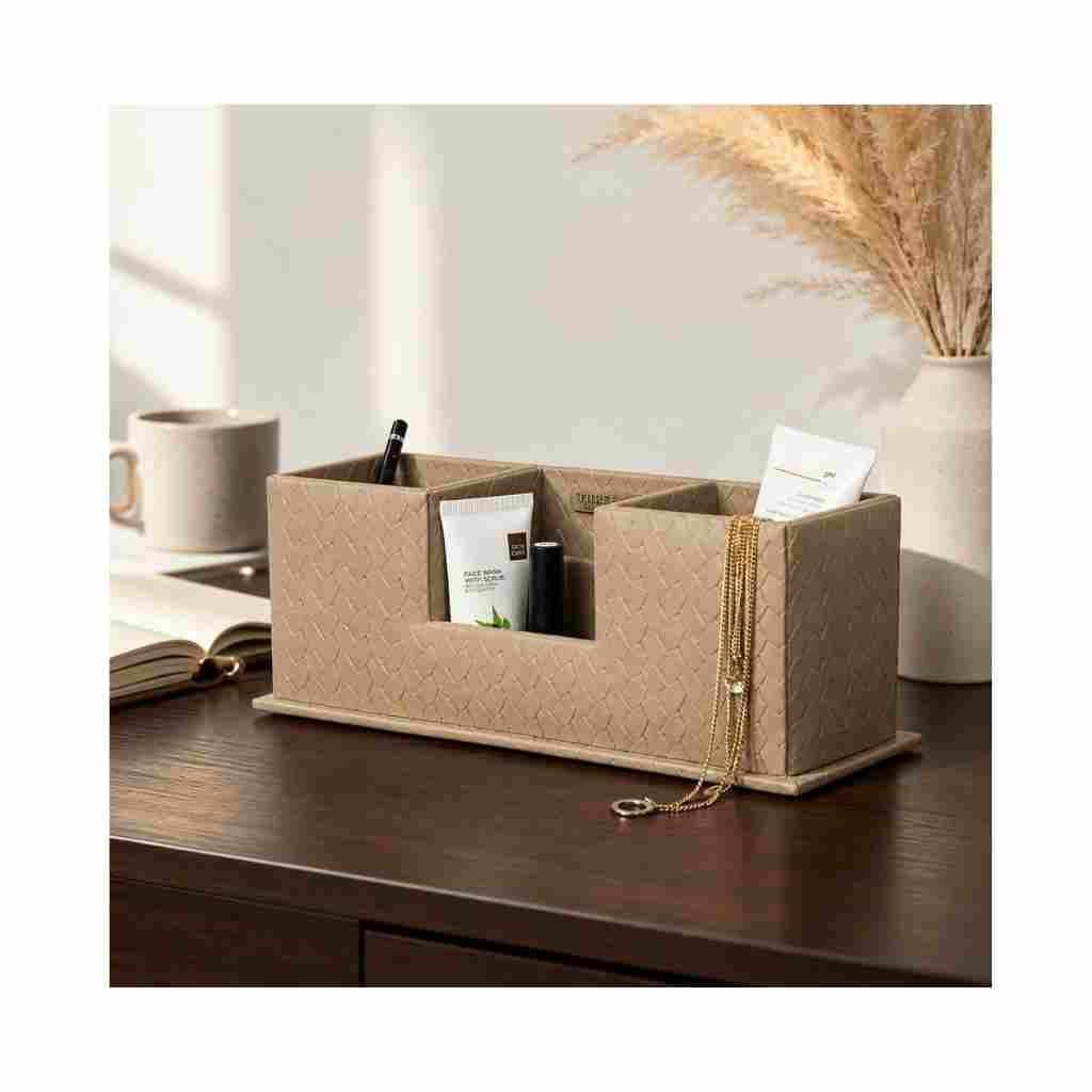 Three Sixty Desk Organiser 11" × 4" Faux Leather Weave Texture, 4 Sections - Beige
