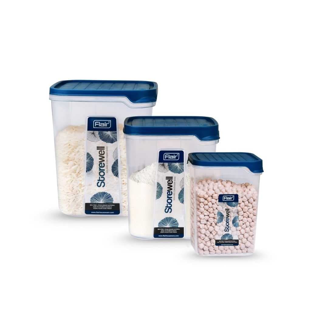 FLAIR Storewell Square Plastic Food Storage Container Set, Blue, Set of 3 (2.4L, 6L, 8L)