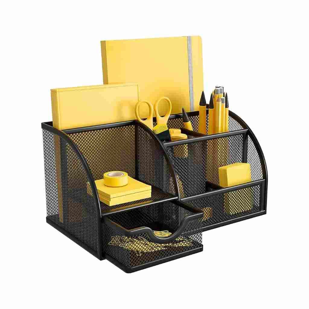 Homaxa Desk Organizer 7 Compartment Metal Mesh Stationery Holder - Black