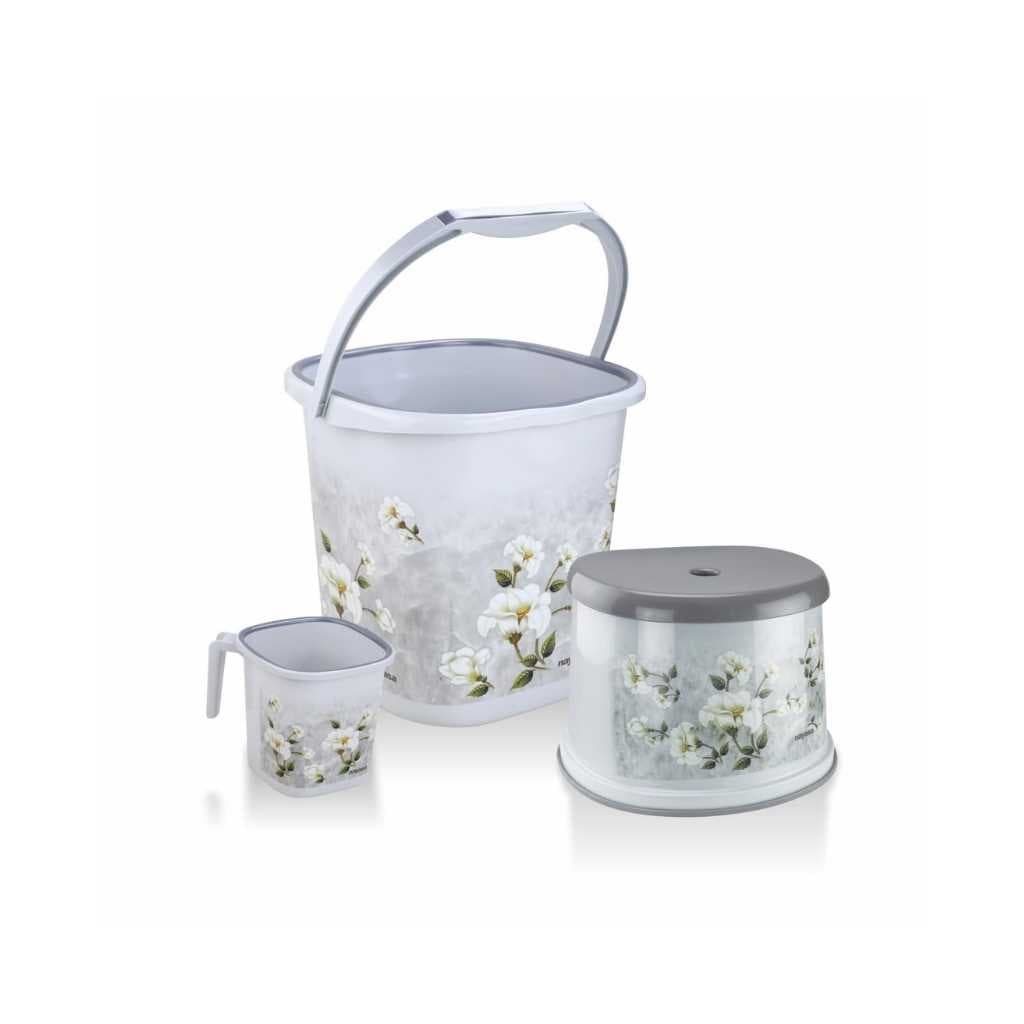 Nayasa Square Ring Marble Plastic Bathroom Set with Bucket, Mug and Stool