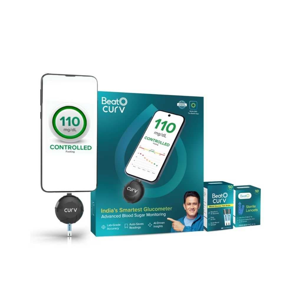 BeatO CURV Sugar Test Machine with FREE 50 Strips & 50 Lancets (Type-C USB Connector)