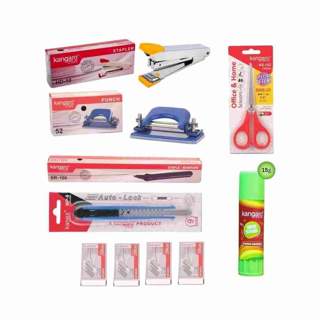 Office Stationery Set with HD-10 Stapler, Paper Punch, Scissors, Staple Remover, Cutter, Glue Stick & Staples (10 Pieces)