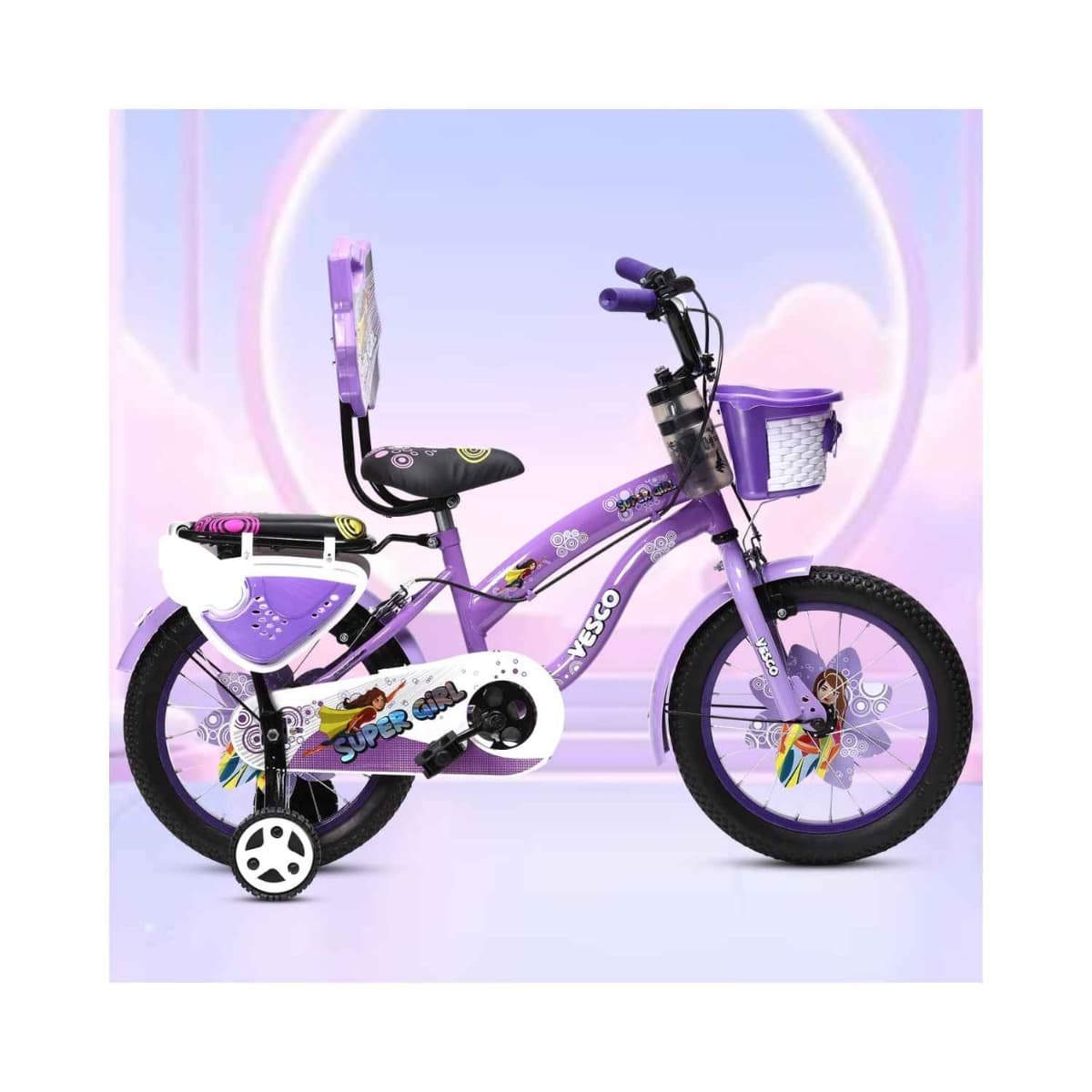 VESCO Super Girl 16T Cycle for Kids Girls with Balance Wheel & Back Carrier (Purple)