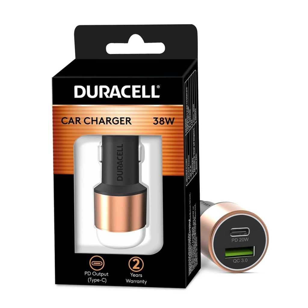 Duracell 38W Fast Car Charger Adapter with Dual Output (Type-C PD 20W + QC 3.0 USB-A)