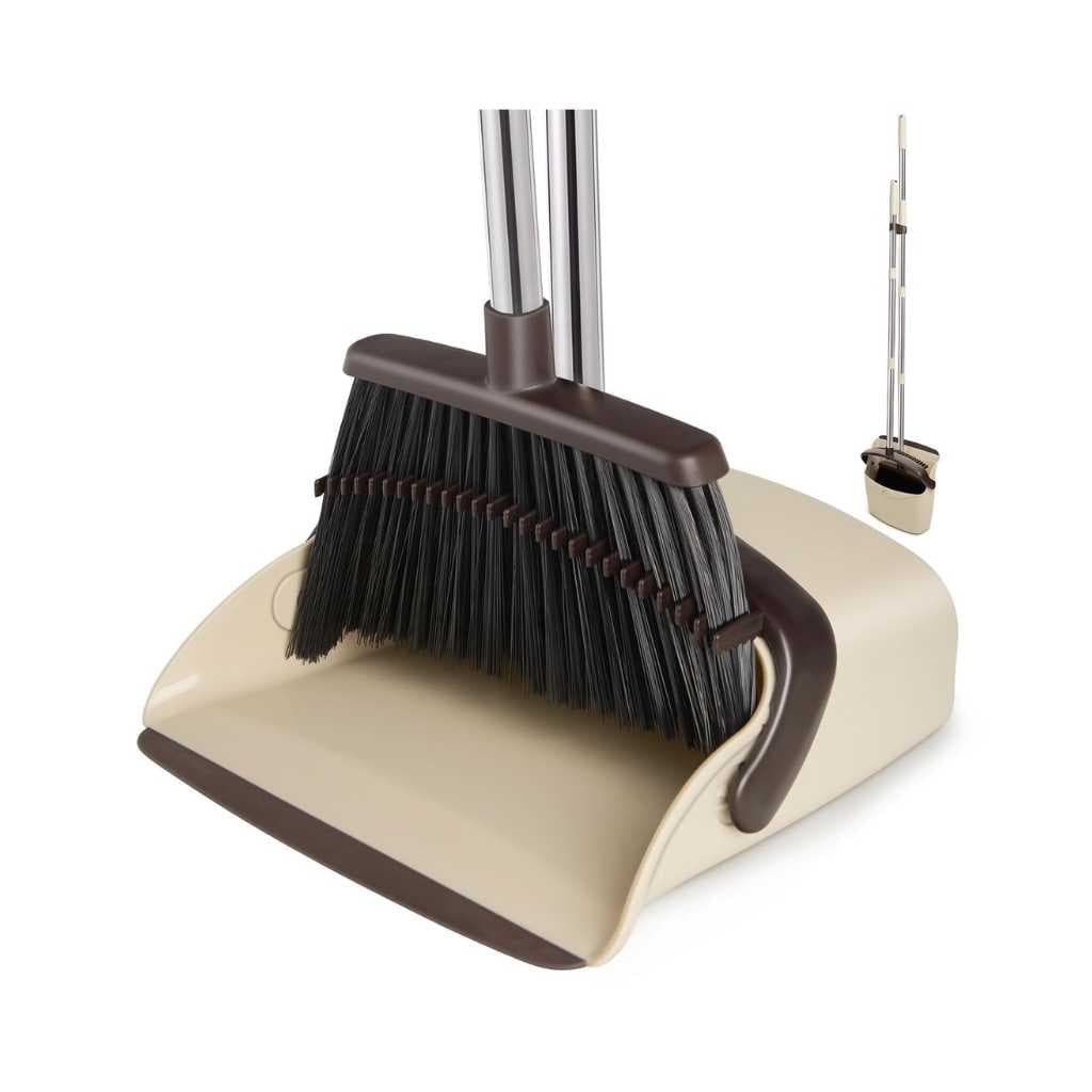 Broom and Dustpan Set with Long Handle & Upright Standing Dustpan